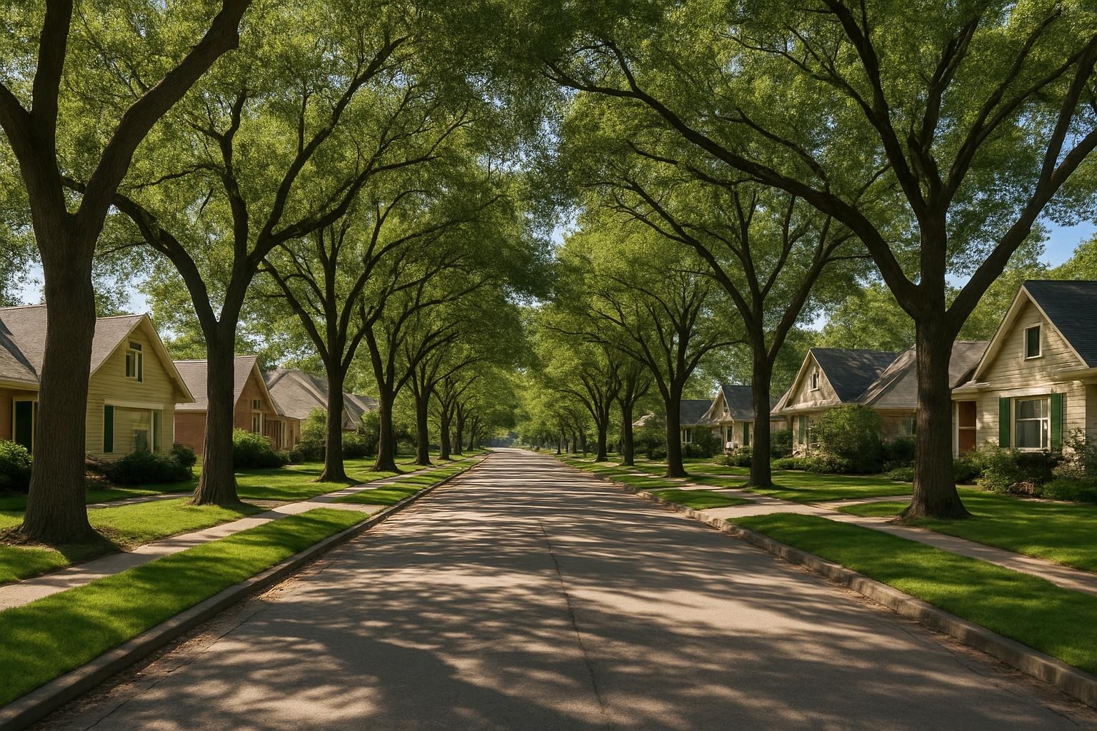 One story homes on a tree lined street.