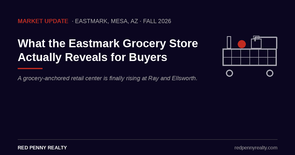 Dark navy graphic announcing a fall 2026 Eastmark Mesa AZ market update with a red accent bar.