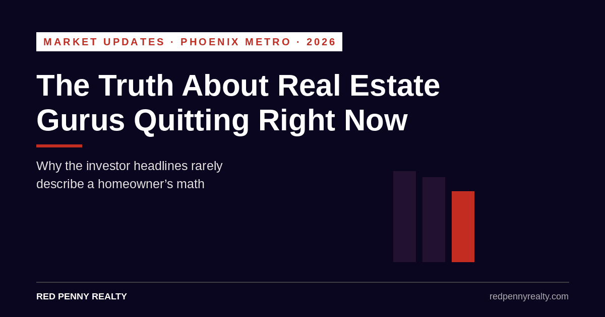 Real Estate Gurus Quitting | Red Penny Realty | Red Penny Realty Navy Red Penny Realty graphic reading "The Truth About Real Estate Gurus Quitting Right Now" with three bars stepping down.